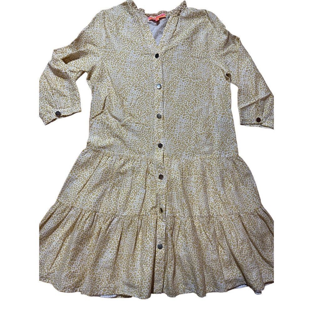 Vilagallo golden yellow cheetah print tiered peasantâ dressâwomens sz M